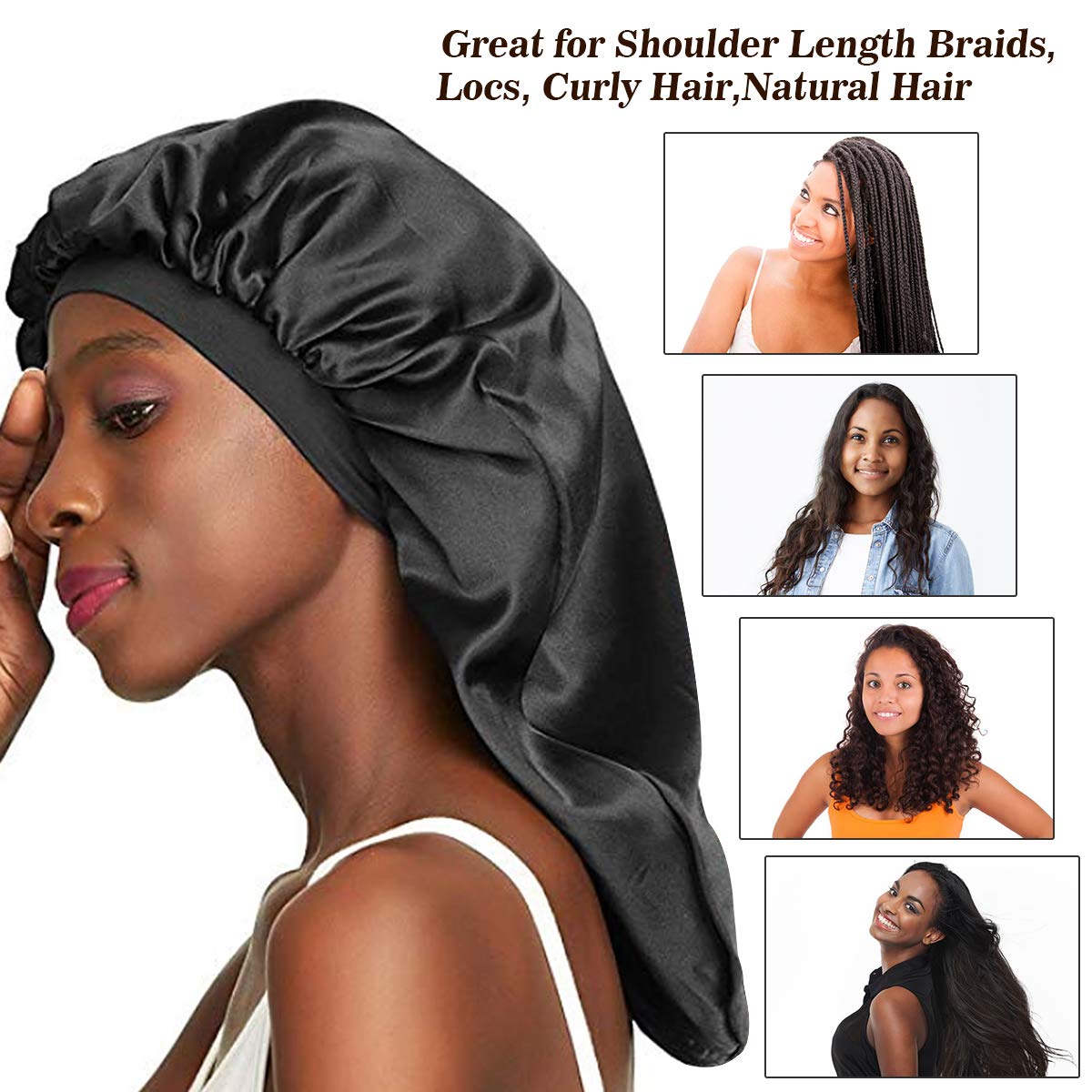 Duufin 5 Pcs Satin Bonnets Large Sleeping Cap Women Bonnets Big Brim Silk  Hair Bonnet for Sleeping Curly Hair - Black Hair Information